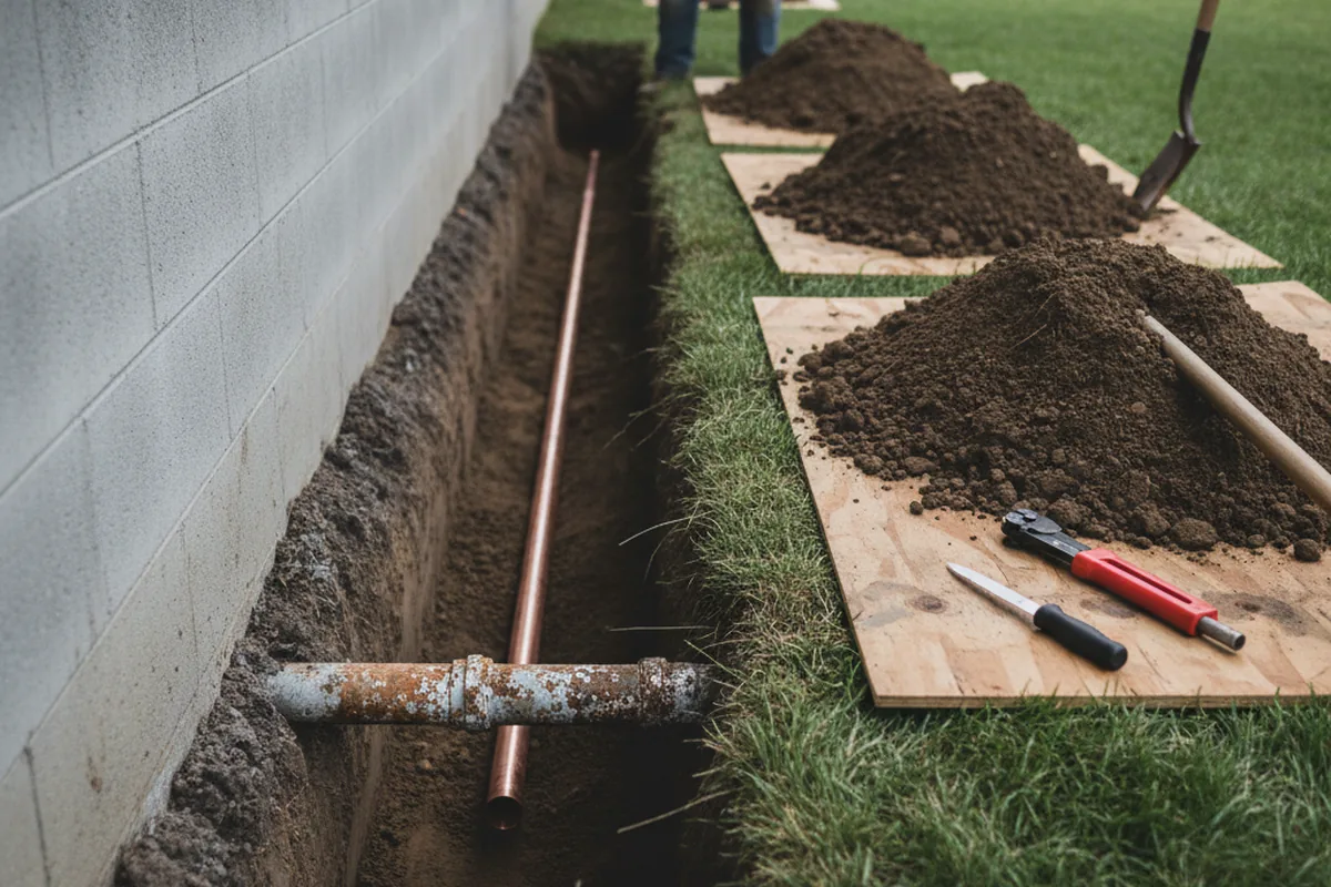 Excavated water line trench during Water Softener Installation in Gloucester City